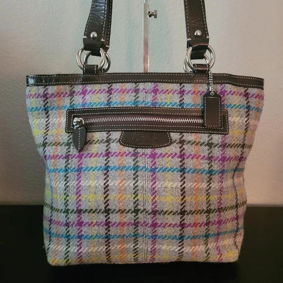 Coach Penelope Tattersall Plaid Wool Tweed Leather Handbag - Picture 1 of 13